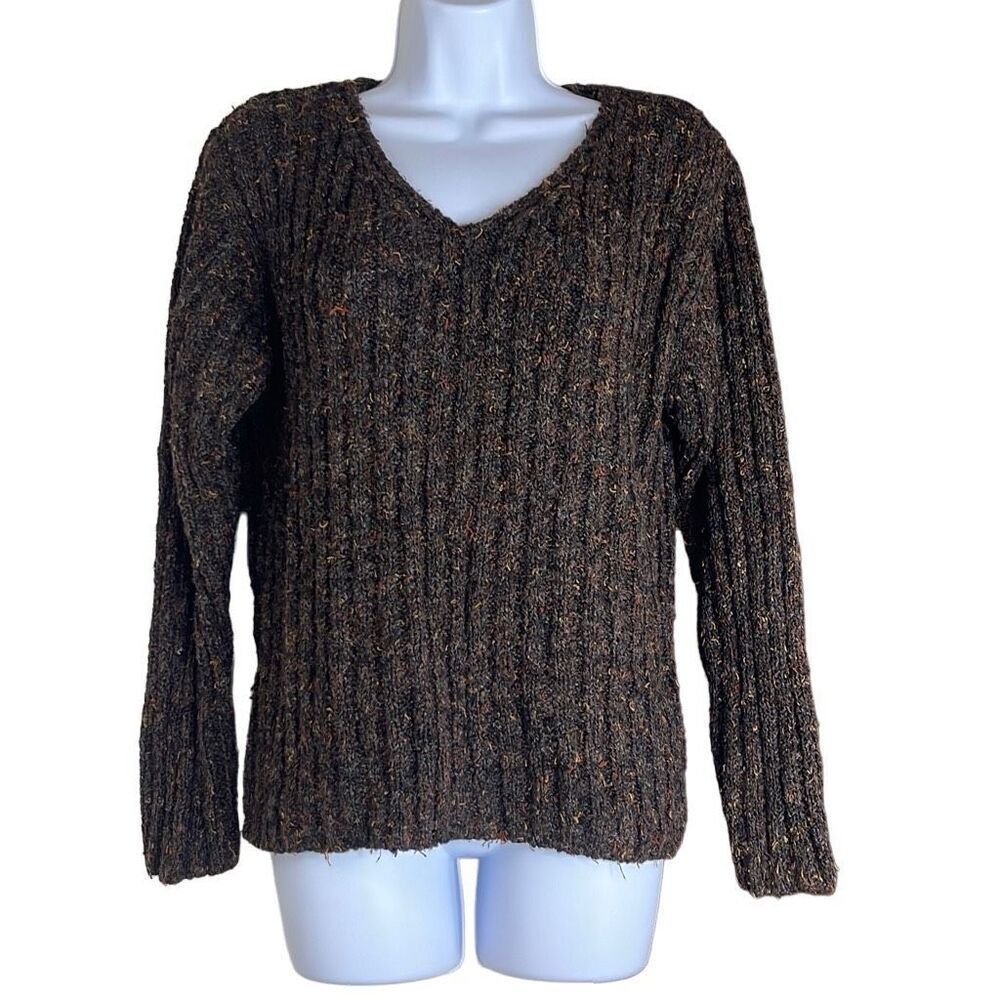 Vintage Alps Brown Marled V Neck Pullover Sweater Cableknit Long Sleeves Medium‎
